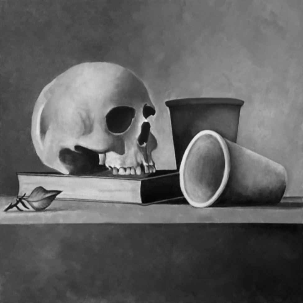Black and white still life painting: a skull resting on a closed book with a leaf beside it, and two clay pots, one tipped on its side.